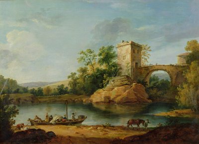 Ett skogsbevuxet italienskt flodlandskap med bönder i en pråm och en bro bortom, ca 1770 (akvarell) av William Marlow
