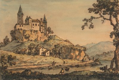 Slott med utsikt över en flod av William Marlow