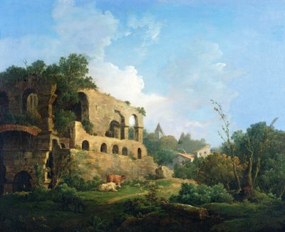 Italienskt landskap med ett hus nära klassiska ruiner av William Marlow