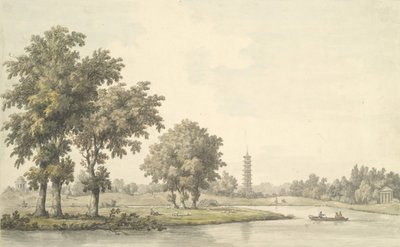 Utsikt över sjön och ön från gräsmattan i Kew, 1763. av William Marlow
