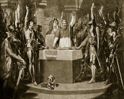 The Oath of the Barons, 1214, illustration från Hutchinsons Story of the British Nation, c.1920 av William Martin