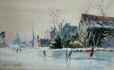 Skridskoåkning på Broughton Castle (akvarell & kroppsfärg på papper) av William Matthison