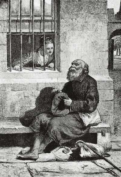 Miss Wardour och tiggaren Edie Ochiltree, illustration för Antiquary, historisk roman av Walter Scott (1771-1832), gravyr efter teckning av William McTaggart (1835-1910) av William McTaggart