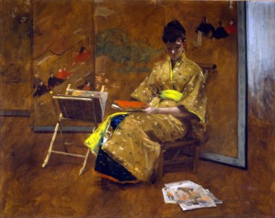 En flicka i japansk klänning. Kimonon ca. 1887. av William Merritt Chase
