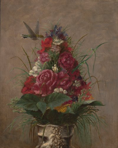 Blommigt stilleben med kolibri av William Merritt Chase