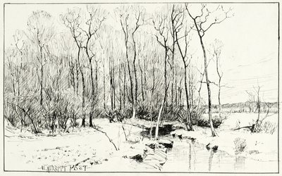 Utan titel, vinterlandskap (penna och bläck på papper) av William Merritt Chase