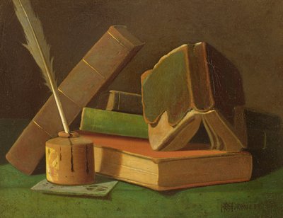 Stilleben med böcker och bläckbrunn av William Michael Harnett