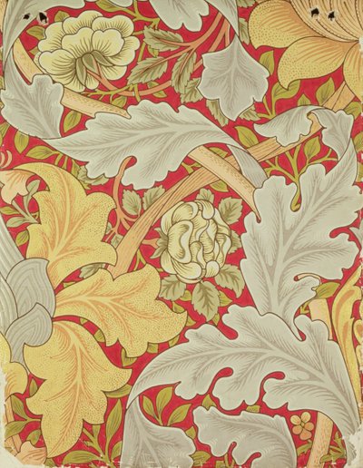 Acanthusblad och vildros på en röd bakgrund, tapetdesign av William Morris