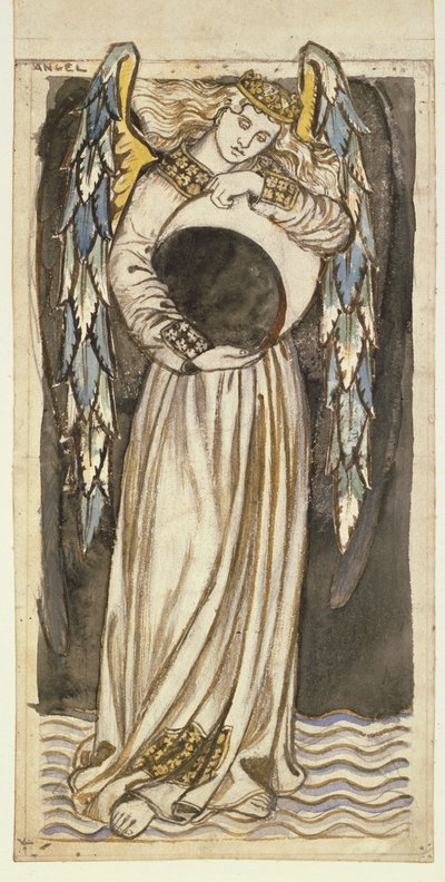 En ängel som håller en avtagande måne (penna och wc på papper) av William Morris
