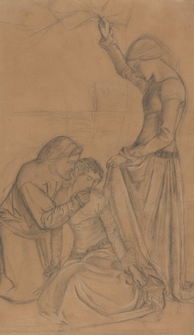 Komposition av tre figurer i en trädgård av William Morris