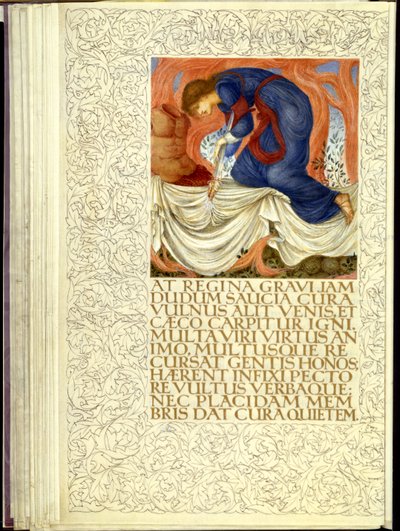Dido knivhugger sig själv, öppningen av bok IV av Virgils "Aeneid" av William Morris