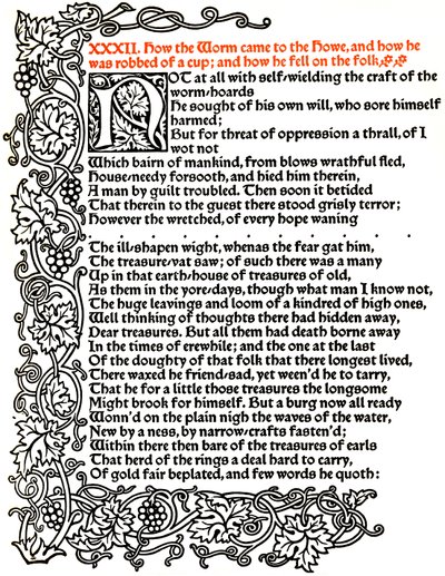 Kelmscott Press: Sida från The Tale of Beowulf Printed in the Troy Type, c.1895, 1914. av William Morris