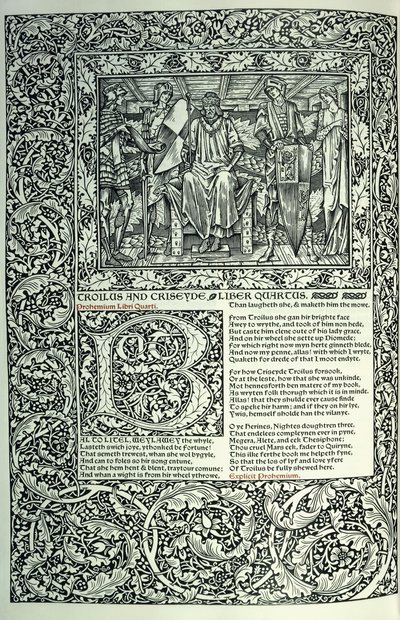 Scen från "Troilus och Criseyde", historisk initial "B", manuskript med hel sidkant, 1896 av William Morris