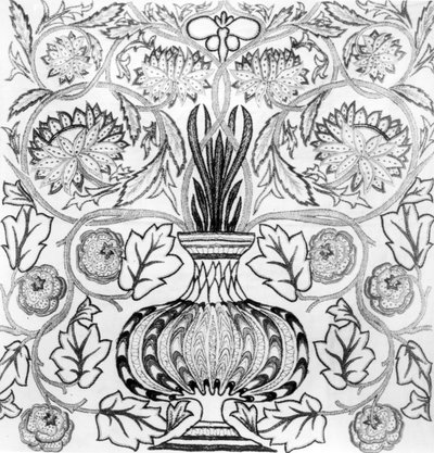 "The Flower Pot", broderad panel designad av William Morris (1834-96) och utförd av May Morris (svartvitt tryck) av William Morris