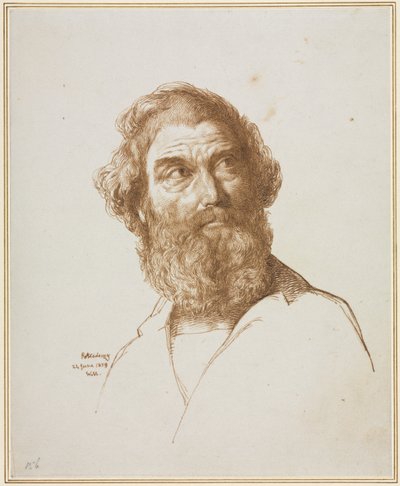 Huvudet på en skäggig man som stirrar till vänster om honom av William Mulready