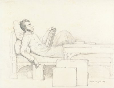 Självporträtt av konstnären liggande på en gotisk soffa och läser en bok av William Mulready