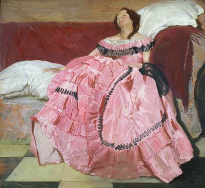 Den rosa klänningen (olja på panel) av William Nicholson