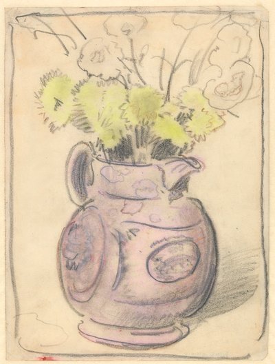 Vas med blommor: gula krysantemum i en lysterkanna (svarta och färgade kritor på papper) av William Nicholson