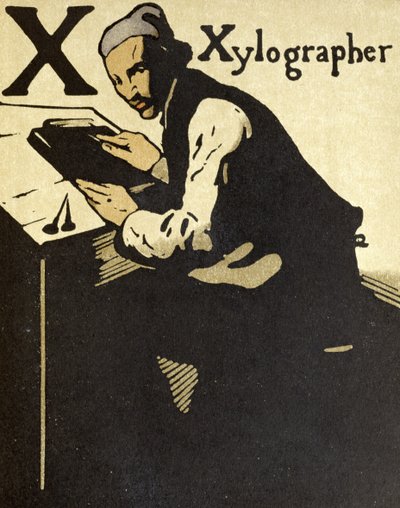 X för Xylographer, illustration från "An Alphabet", publicerad av William Heinemann av William Nicholson