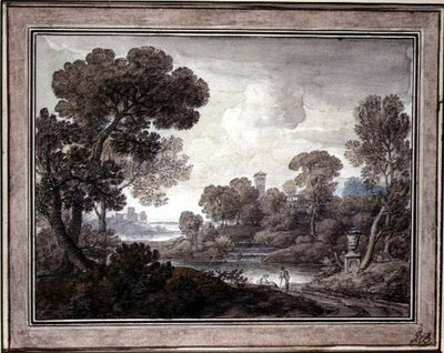 Klassiskt landskap, ca 1770 (penna & bläck och akvarell på papper) av William Oram
