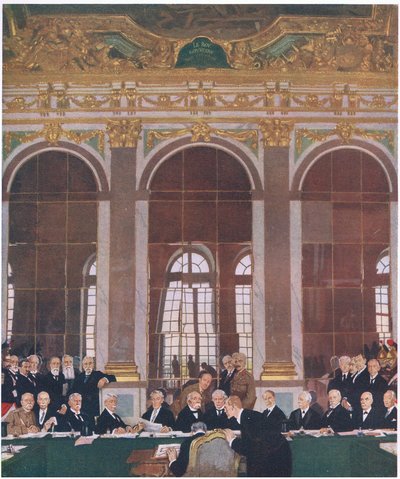 Undertecknande av freden i spegelsalen, Versaillespalatset, 28 juni 1919, från Cassells History of the British People utgiven av Waverley Book Company Limited, ca 1940. av William Orpen
