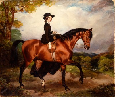 Porträtt av Mrs Thomas Conolly, sittande sidosadel i svart ridvana på en kastanjejägare av William Osborne