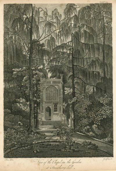 Vy över kapellet i trädgården på Strawberry Hill, Twickenham, London av William Pars