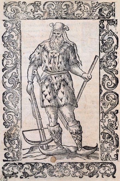 Man med pälsklänning, armborst och skor med vriden spets (exempel på rudimentära skidor), illustration tillskriven Cesare Vecellio (1521-1601), publicerad i Italien på 1500-talet av Nicolas Toussaint Charlet