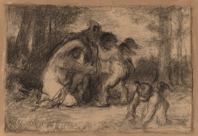 Skogbevuxen landskap med Putti som hjälper en kvinna att klä av sig av William Perkins Babcock