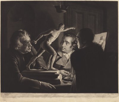 Tre personer som tittar på gladiatorn i levande ljus av William Pether after Joseph Wright