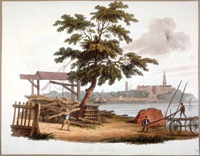 Men flyttar timmer vid Bankside, Southwark, London, c1810 av William Pickett