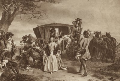 Familj hålls uppe av den franske landsvägsmannen Claude Duval (litho) av William Powell (after) Frith