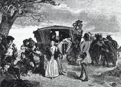 Stöldliggaren Claude Duval avbildad i det legendariska ögonblicket då han vägrar att ta med sig hela sitt byte om hustrun till hans offer dansar en "courante" med honom på Hounslow Heath (gravyr). av William Powell (after) Frith