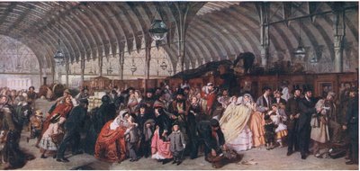 Järnvägsstationen, från Cassells History of the British People utgiven av Waverley Book Company Limited, ca 1940. av William Powell Frith