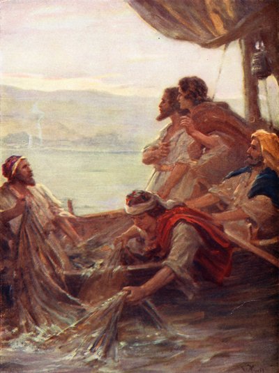 Morgonen vid Tiberias hav, Johannes xxi, 4-6 (färglitografi) av William Pratt