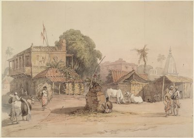 Byscen med ett litet "tulsi"-altare och en vattenbärare med sin tjur, Indien ca 1830-40 av William Prinsep