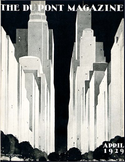 Skyskrapor, framsidan av DuPont Magazine, april 1929 av William R. Jr. Hollingsworth