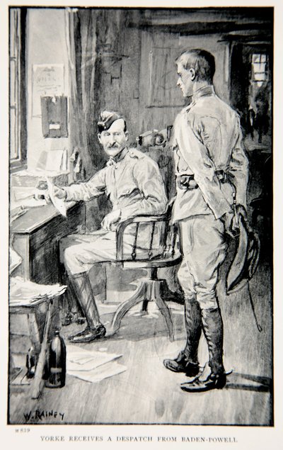 Yorke får ett försändelse från Baden-Powell, en illustration från "With Roberts to Pretoria: A Tale of the South African War" av G.A. Henty, pub. London, 1902 av William Rainey