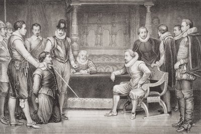 Guy Fawkes (1570-1606) förhörd av James I (1566-1625) och hans råd i kungens sängkammare, från "Illustrations of English and Scottish History" volym I av William Ralston