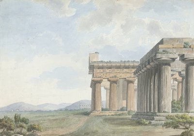 Utsikter i Levanten: Tempelruinerna i Paestum, ca 1785 (wc med penna och bläck över grafit på papper) av William Reveley