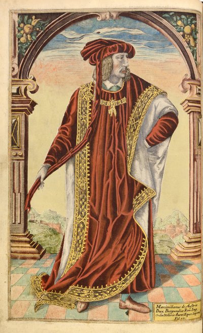 Kejsar Maximilian I, av hedersmilitär och civil, William Segar, pub. Robert Barker, London, 1602 (handfärgad gravyr) av William Rogers