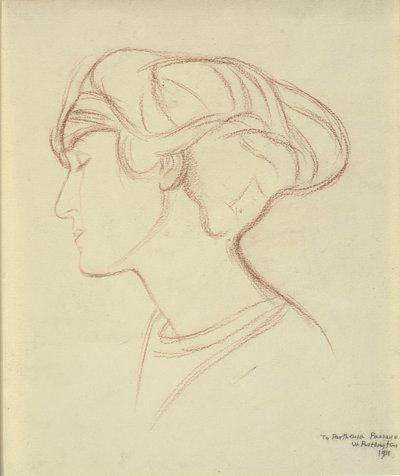 Kvinnans huvud (Parthenia Passano?) i profil till vänster av William Rothenstein