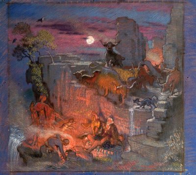 Study for Highland Raiders, c.1918 (olja på papper) av William Shackleton