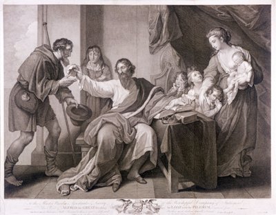 Alfred den store delar sin limpa med pilgrimen, 1782 av William Sharpe