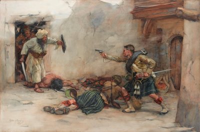 Trummisen James Roddick från 92:a Gordon Highlanders, försvarar löjtnant Menzies under hand-till-hand-strider i Kandahar av William Skeoch Cumming