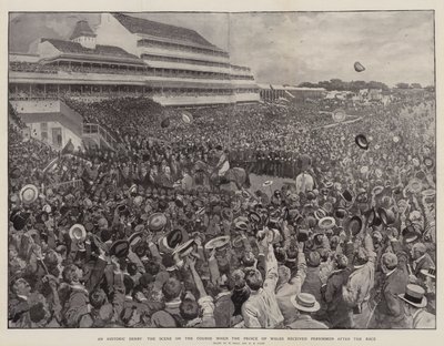 Ett historiskt derby, scenen på banan när prinsen av Wales tog emot Persimmon efter loppet av William Small