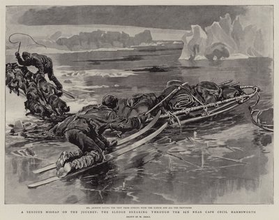 Ett allvarligt missöde under resan, då släden bröt igenom isen nära Cape Cecil Harmsworth. av William Small