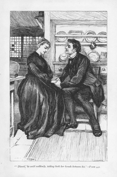 Efter berättelsens prövningar och vedermödor förklarar Adam Bede sin kärlek till Dinah Morris, metodistpredikanten. Adam Bede av George Eliot, publicerad första gången 1859. Illustration av William Small (1843-1929) från en upplaga publicerad c1885. av William Small