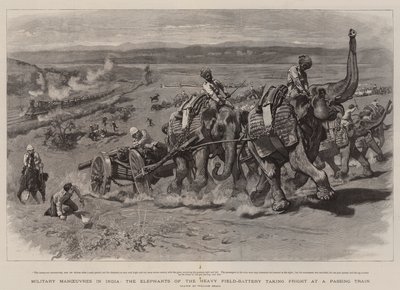 Militära manövrar i Indien, elefanterna från det tunga fältbatteriet skräms av ett passerande tåg av William Small