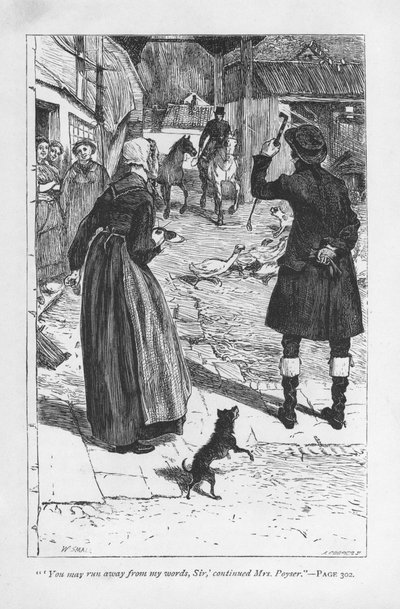 Mrs Poyser, hustru till Hetty Sorrels bondefarbror, Martin Poyser, med godsägare Donnithorne, vars son Arthur förförde Hetty. Mrs Poyser är möjligen George Eliots mest framgångsrika seriefigur. Adam Bede av George Eliot, publicerad första gången 1859. Illu av William Small